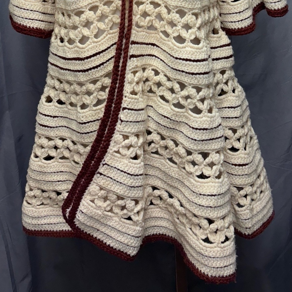 Vintage 60s One of a Kind Hand Crocheted Ivory with Brown Trim Sweater Jacket - Picture 4 of 9